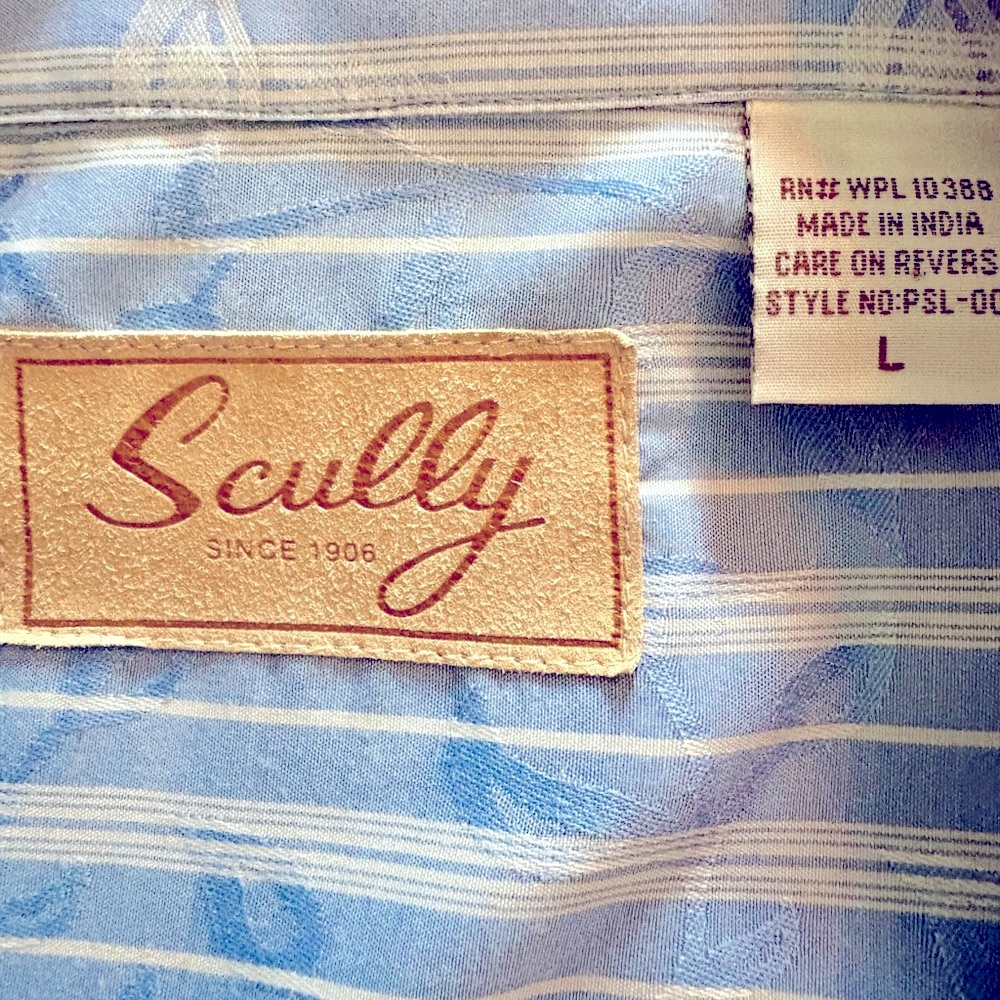 Scully Western Blue and White Embossed Vine Pattern Striped Shirt, Ladies Large - Picture 2 of 6